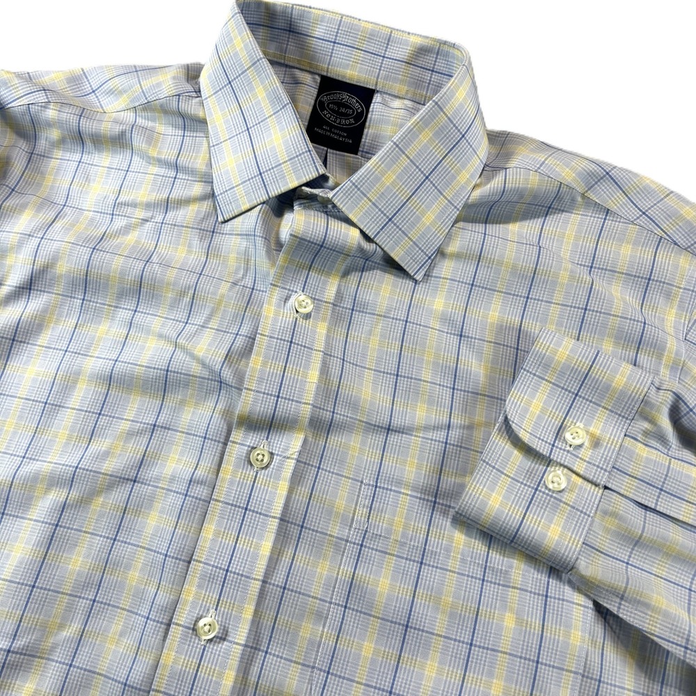 Brooks Brothers Dress Shirt Mens 15.5 34/35 Blue Yellow Plaid Non-Iron Cotton